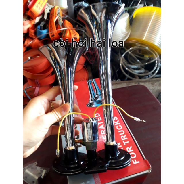 Còi hơi -kèn hơi 2 loa inox ô tô 12v - 24v cho xe có bình hơi12v 24v