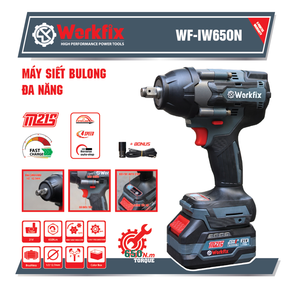 Workfix Wf-Iw650N Brushless Bolt Tightening Machine - Screwdriver for Tightening Automotive Bolts - with Hammer - Copper Core (12 Month Warranty) Giá 750,000 Đồng*Miễn phí vận chuyển