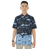 BATIK TRUSMI Atasan Batik Kemeja Batik Pria Motif Mega Mendung Bunga Hitam MUN