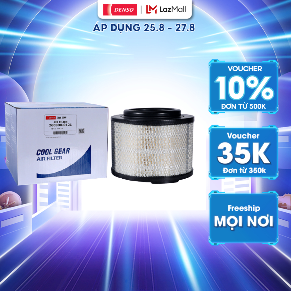 Lọc Gió Động Cơ 0121 DENSO Cool Gear, Ngăn Bụi Bẩn, Dị Vật Lọt Vào Buồng Đốt, Dùng Cho Ô Tô Toyota Innova, Fortuner, Hilux đời trước 2016; Mã 260300-0121