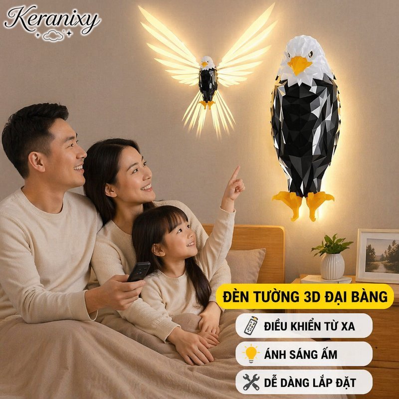 Keranixy đèn tường 3d hình đại bàng đèn led trang trí điều khiển từ xa đổi màu ánh sáng ngủ phòng khách quà tặng nhà
