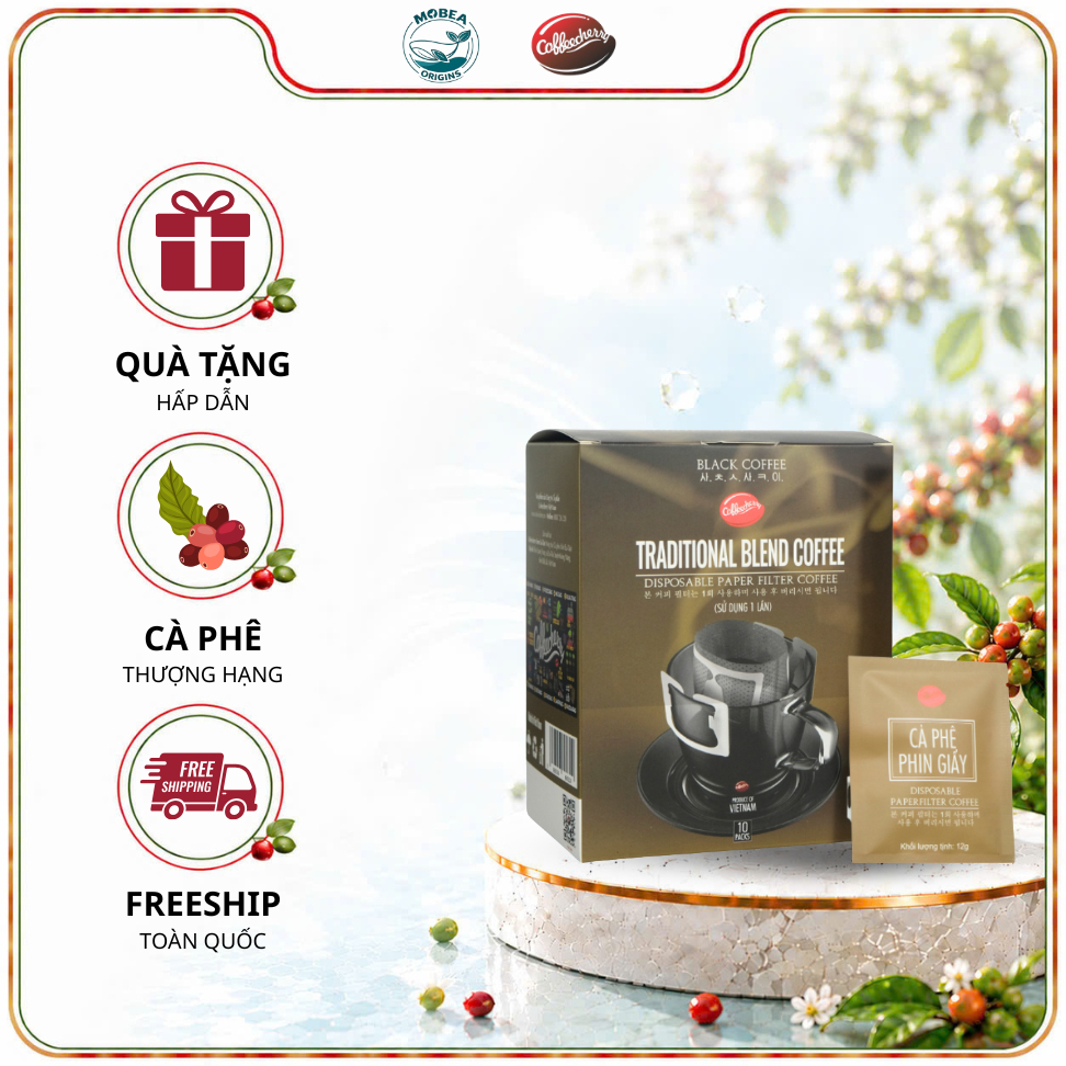 Cà Phê Túi Lọc Coffeecherry cà phê đen truyền thống 120gram/10 gói, combo 3 gói tiện lợi. Cà phê phin giấy