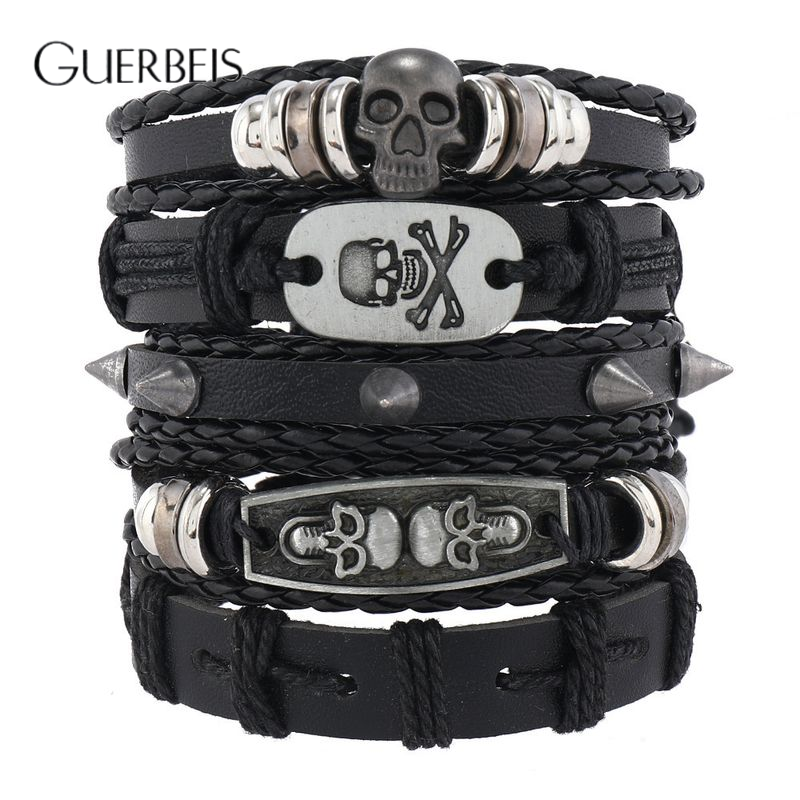 GUERBEIS Men's Punk Skull Bracelet Set Handmade Braided Leather Multi-Layered Personality Jewelry ราคา 60 บาท*ส่งฟรี