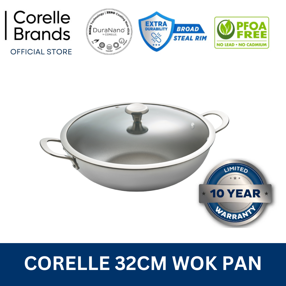 Corelle DuraNano 28cm Wok Pan with Lid - Uncoated Non-Stick