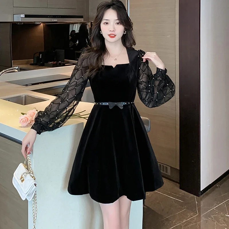 STANLEY Coco Women's Dresses Autumn Winter Black Velvet Patchwrok Mesh Mini Dress Women Chic Bow Bandage Kawaii Dress 2024 Korean Vintage Hepburn Party Dress