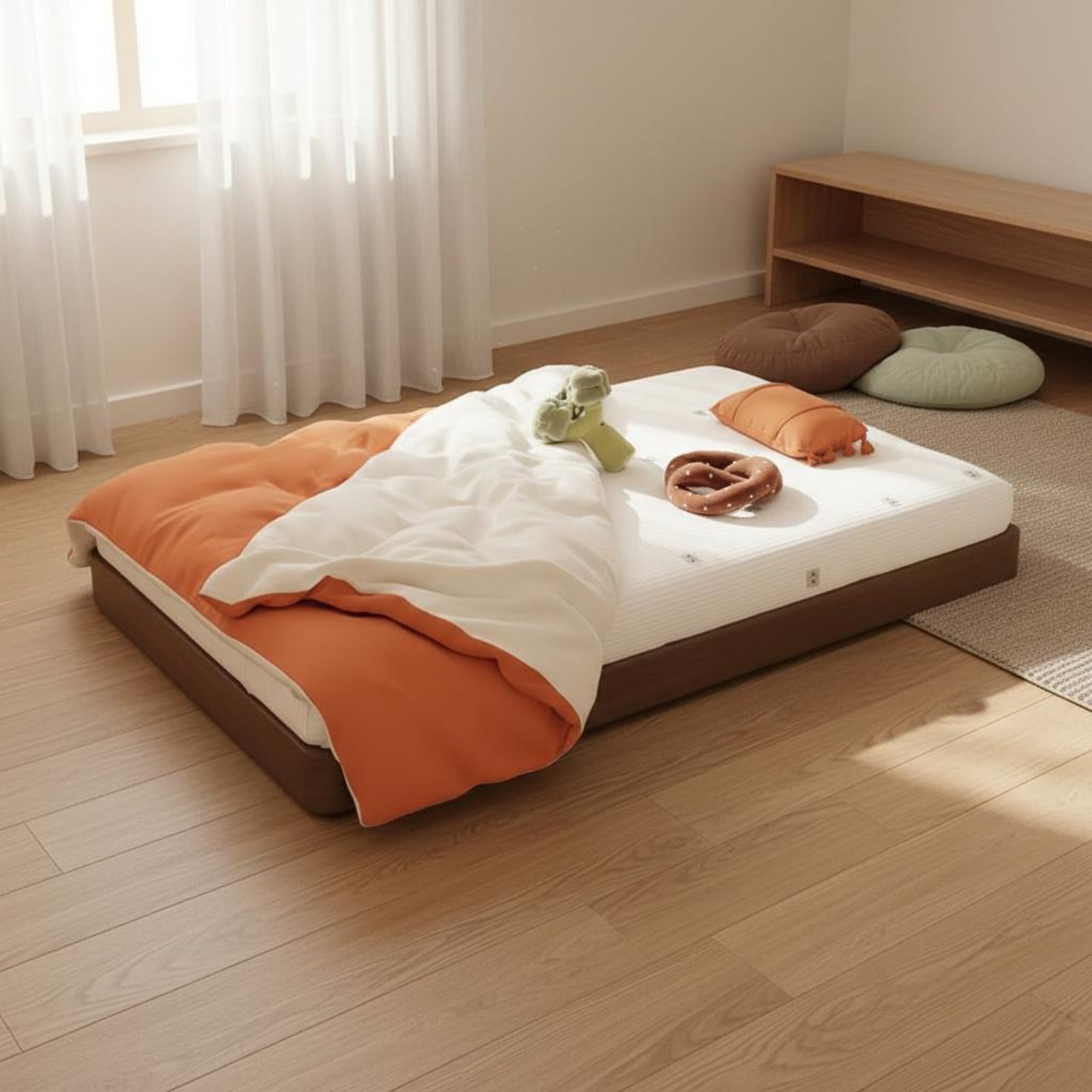 Solid Wood Construction Child-Centered Floor Bed Premium Grade Oak Child-Centered Bed Frame Rounded Corners children's Furniture Adjustable Height for Toddlers, Infants, Parents, Nursery, Bedroom, Playroom ราคา 9,766 บาท*ส่งฟรี