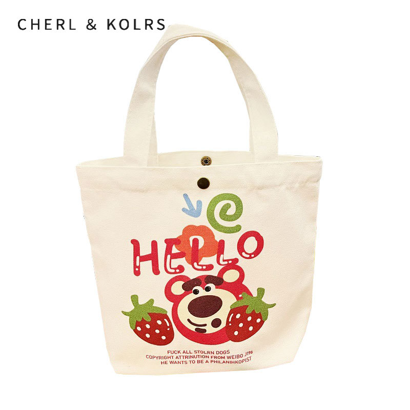 C&K Canvas Bag Strawberry Bear Cute Cartoon Print Student Versatile Eco