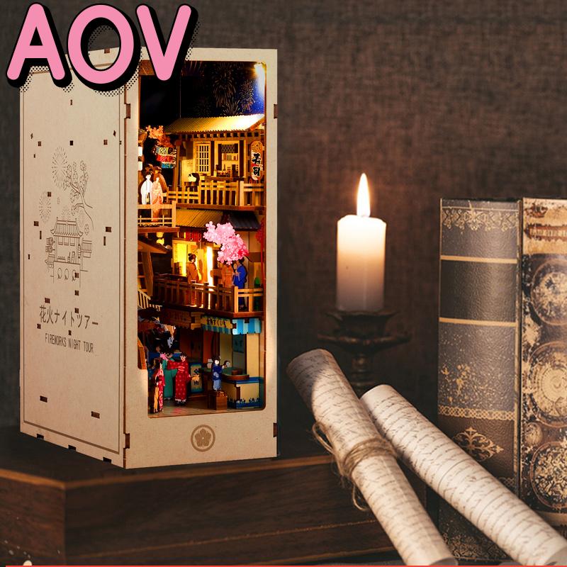 AOV DIY Book Nook Kit 3D Wooden Puzzle Bookshelf Insert Decor with LED