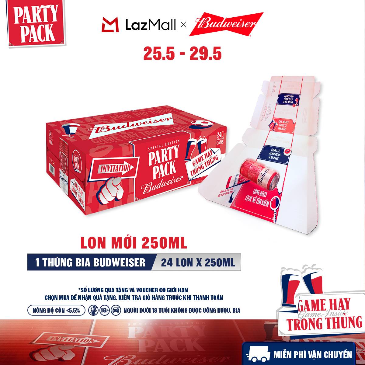Thùng 24 Lon Bia Budweiser PartyPack Chính Hãng (250ml/lon)