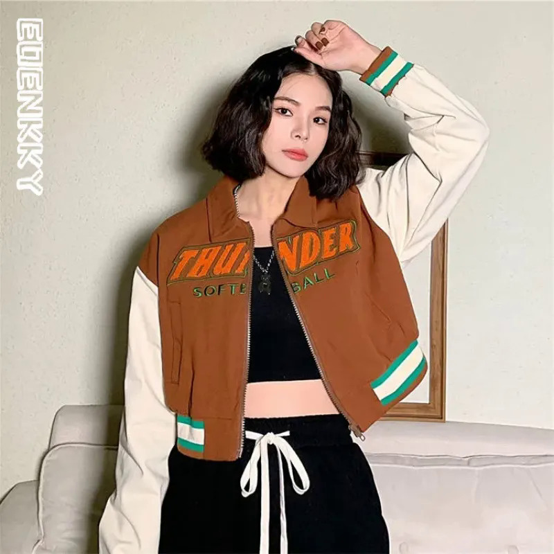 Cao Đường Phố Womens Crop Bóng Chày Áo Khoác Harajuku Y2K Thư R Đổ Xô Máy Bay Ném Bom Áo Khoác Giản Dị Hàn Quốc Chắp Vá Áo Khoác 2023