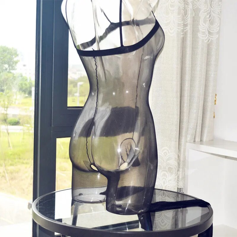 【Free shipping】 Men Sheer Bodysuit Transparent Cockring Body Stocking Shiny Open Crotch Bodystocking