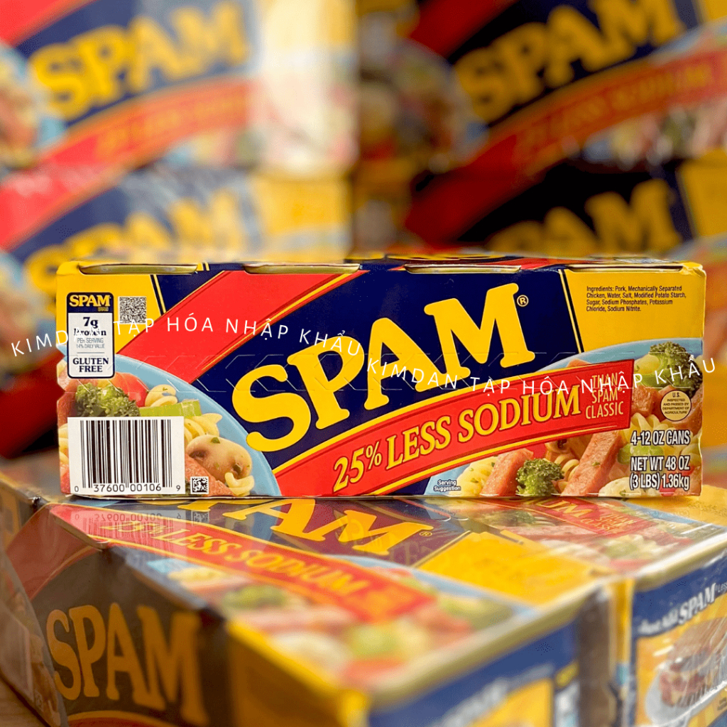 LỐC 4 HỘP THỊT HỘP SPAM LESS SODIUM 25% GIẢM MẶN 340G - Giải quyết bữa ăn nhanh chóng, đầy đủ dinh dưỡng trong tích tắc. ✔️ Dễ dàng mang theo trong các chuyến đi chơi xa, dã ngoại.