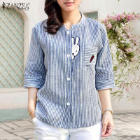 ZANZEA เสื้อสไตล์เกาหลีสำหรับผู้หญิงเสื้อเชิ้ตแขน3/4ย้อนยุคติดกระดุมเสื้อสตรีทแวร์เสื้อยืดคอกลม # F