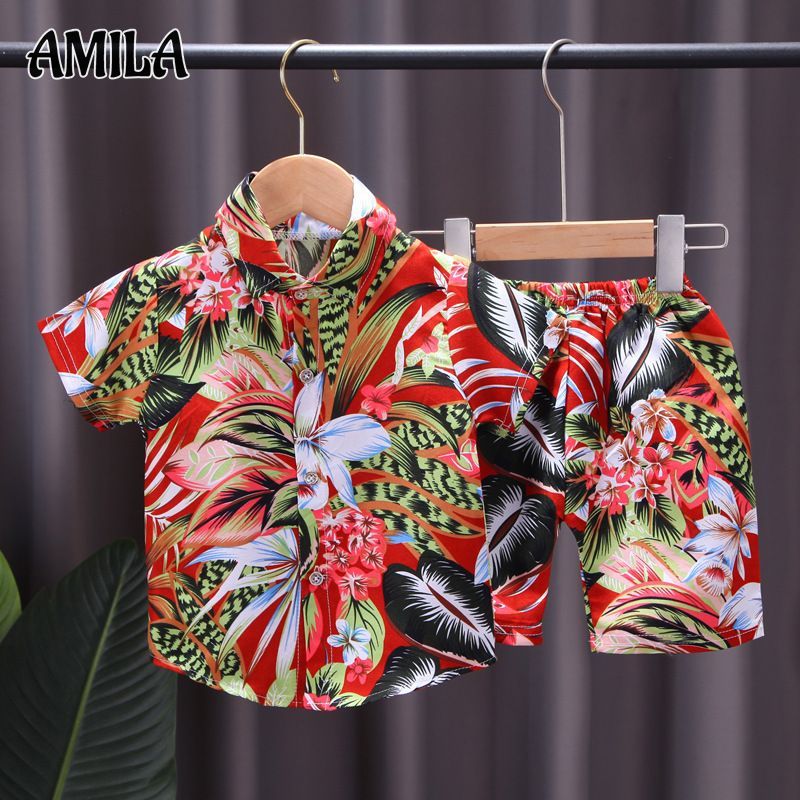 AMILA Children's Tropical Floral Print Short-Sleeved Shirt and Shorts Suit Splash Festival 0-4 Years Old Two-Piece Set ราคา 119 บาท*ส่งฟรี