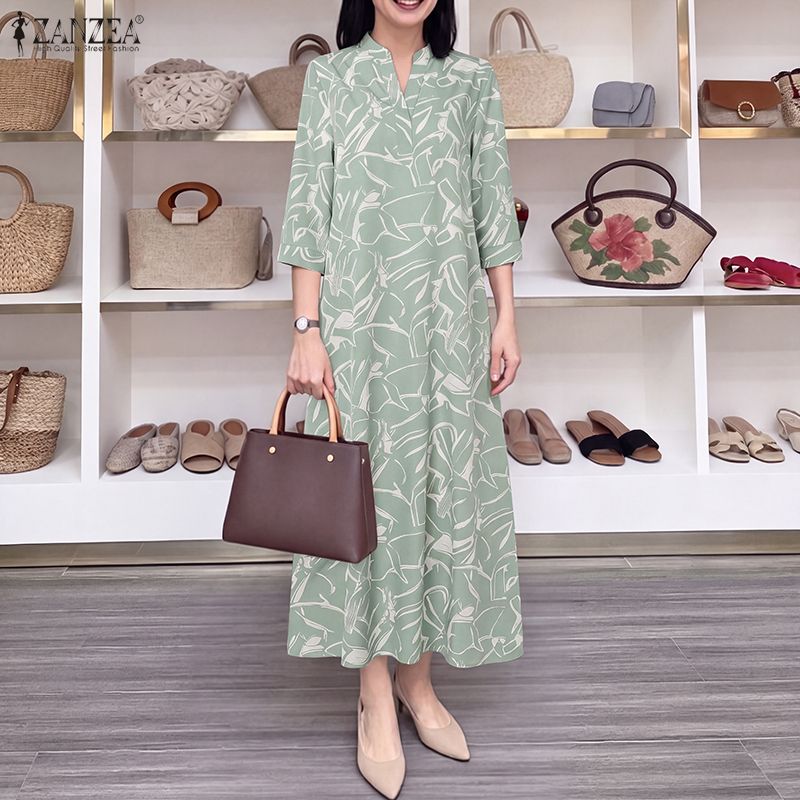ZANZEA Women Streetwear Fashion Graphic Print Dresses V-Neck 3/4 Sleeve Work Long Sundress #0824