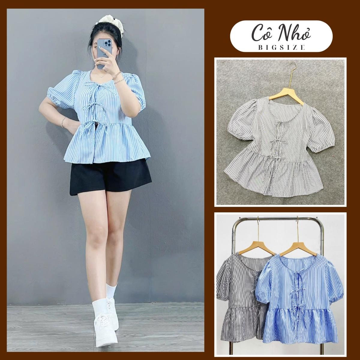  Áo kiểu babydoll bigsize nữ tay ngắn phồng nhẹ họa tiết kẻ sọc chất kate mềm mịn phù hợp đi học đi làm - A190 