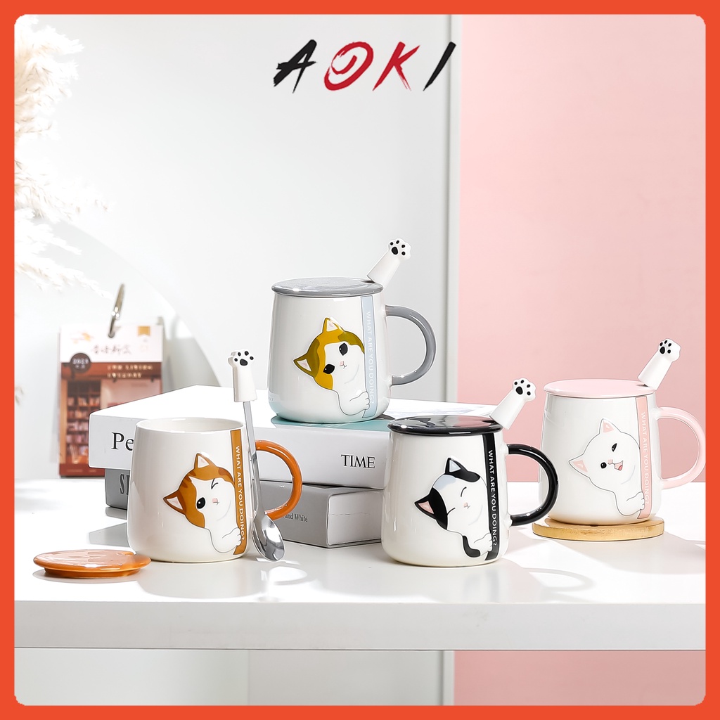 Ly sứ mèo dễ thương với nắp và muỗng chân mèo!