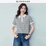 GIORDANO Women Polo Shirts 100% Cotton Striped Polo Shirts Short Sleeve Fashionable Casual Regular Fit Polo Shirts 13316312
