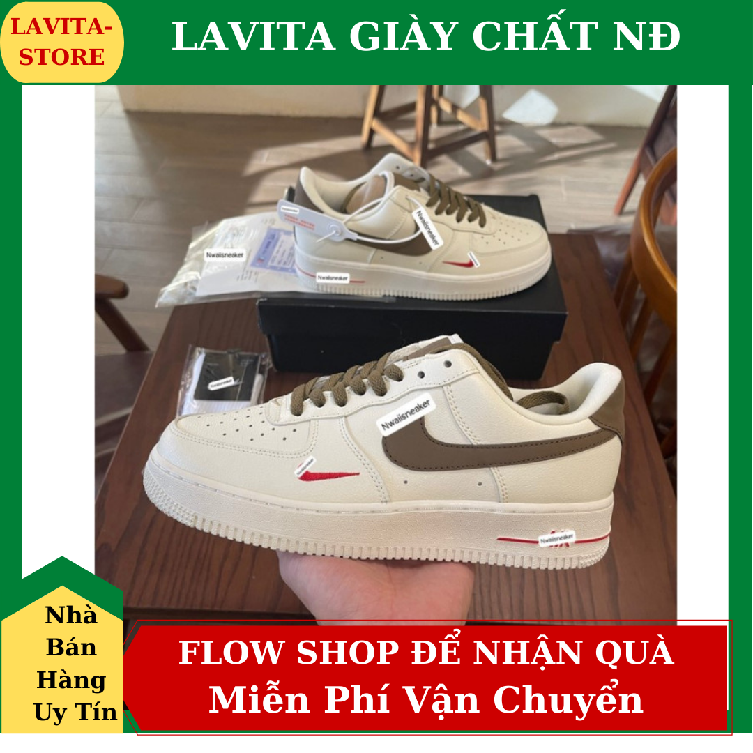 Giày thể thao AF1 vệt nâu, Giày sneaker air force 1 low premium white