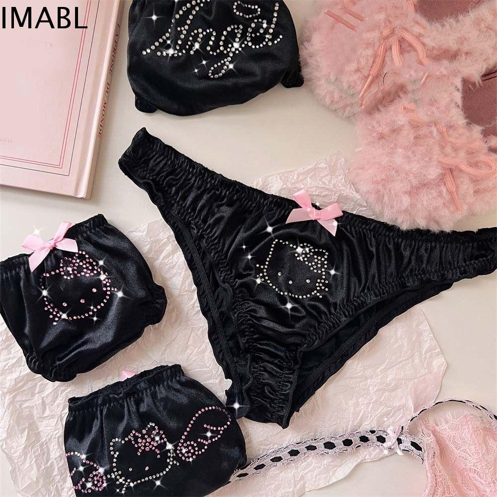 IMABL Đôi Cánh Quần lót mèo kitty kim cương giả Zircon Góc Quần lót diềm Xếp Nếp hoạt hình kim cương nhân tạo Ngọt ngào Đồ lót nữ Quần lót lụa satin thắt nơ pha lê Cô Gái
