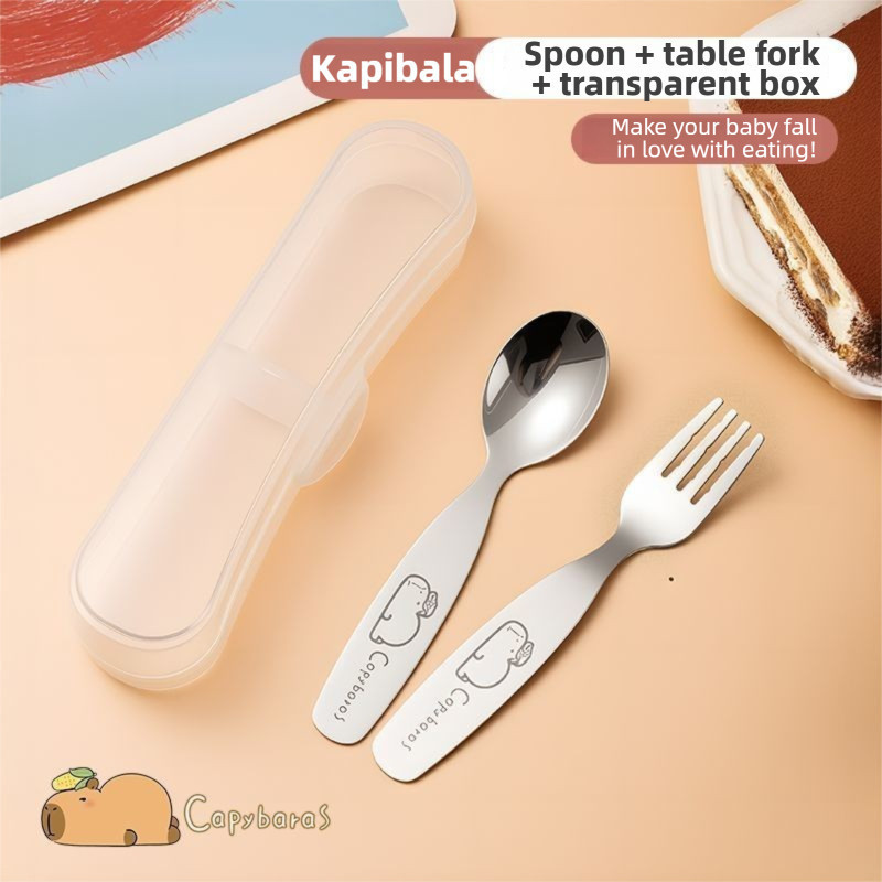 Oldlaiben 316 Stainless Steel Childrens Spoon and Fork Set with Case Capybara Portable Metal Cutlery Set