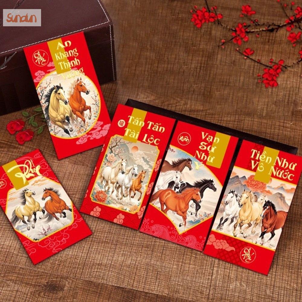 SUNDUN 6pcs Năm ngựa 2026 Phong bì tiền mừng năm mới Phước lành Truyền thống Túi đỏ may mắn Gói Tiền May Mắn Phong bì đỏ Tết Nguyên Đán