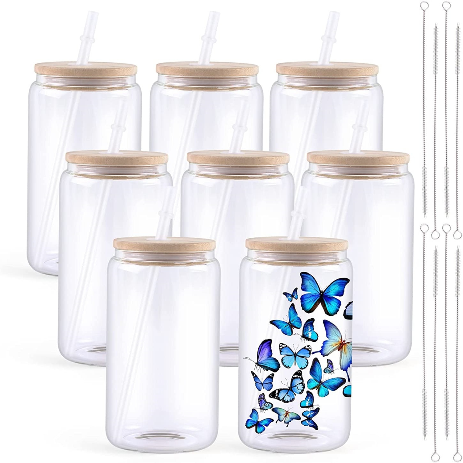 2Pack 16oz Sublimation Glass Blanks with Bamboo Lid, Transparent Beer Can Glass, Borosilicate Glasses Tumbler Mason Jar Cups Mug with Straw for Iced