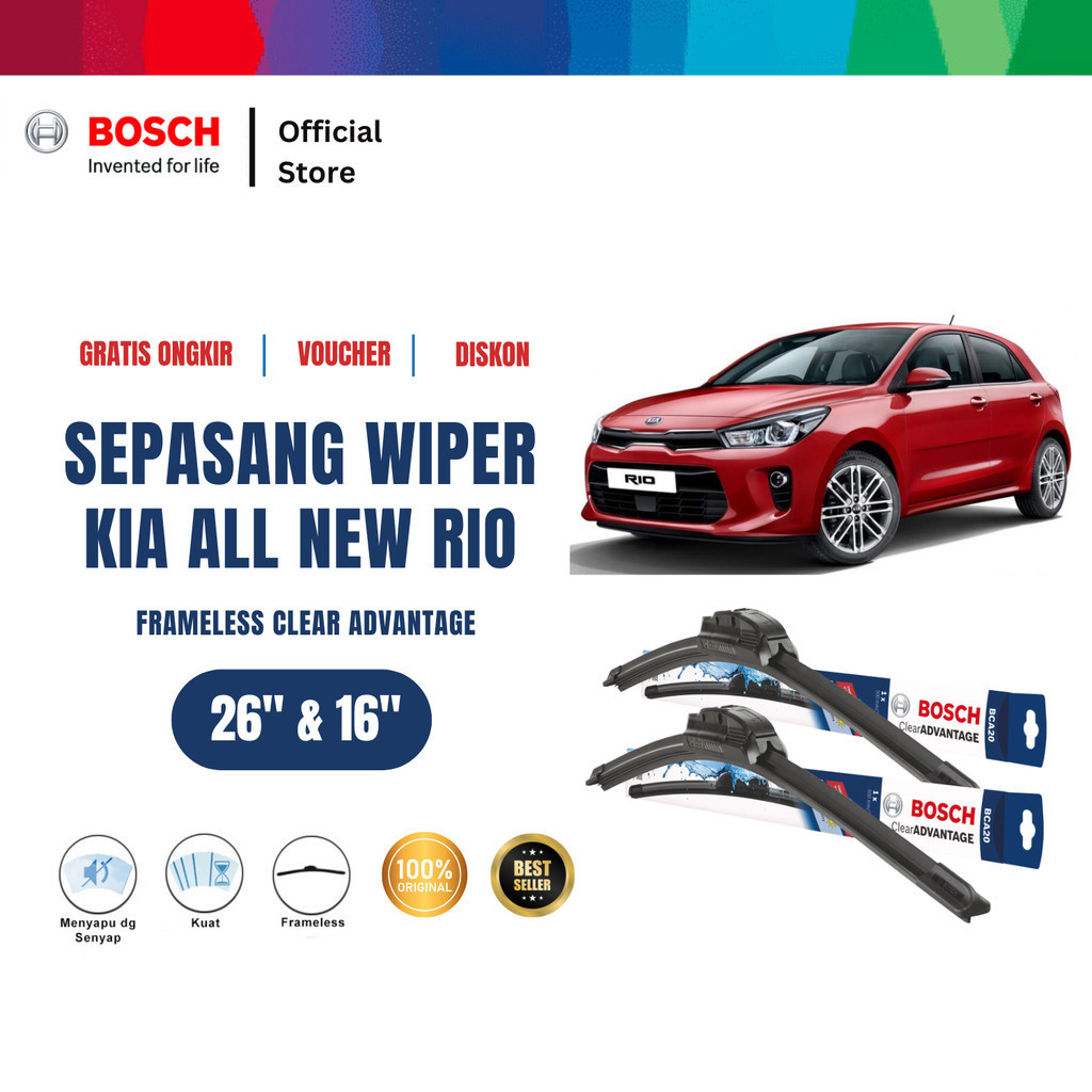 Bosch Frameless Wiper Sepasang Depan Mobil KIA All New Rio Clear Advantage Size 26 dan 16 Inci Harga 203,235 rupiah*Gratis Ongkir