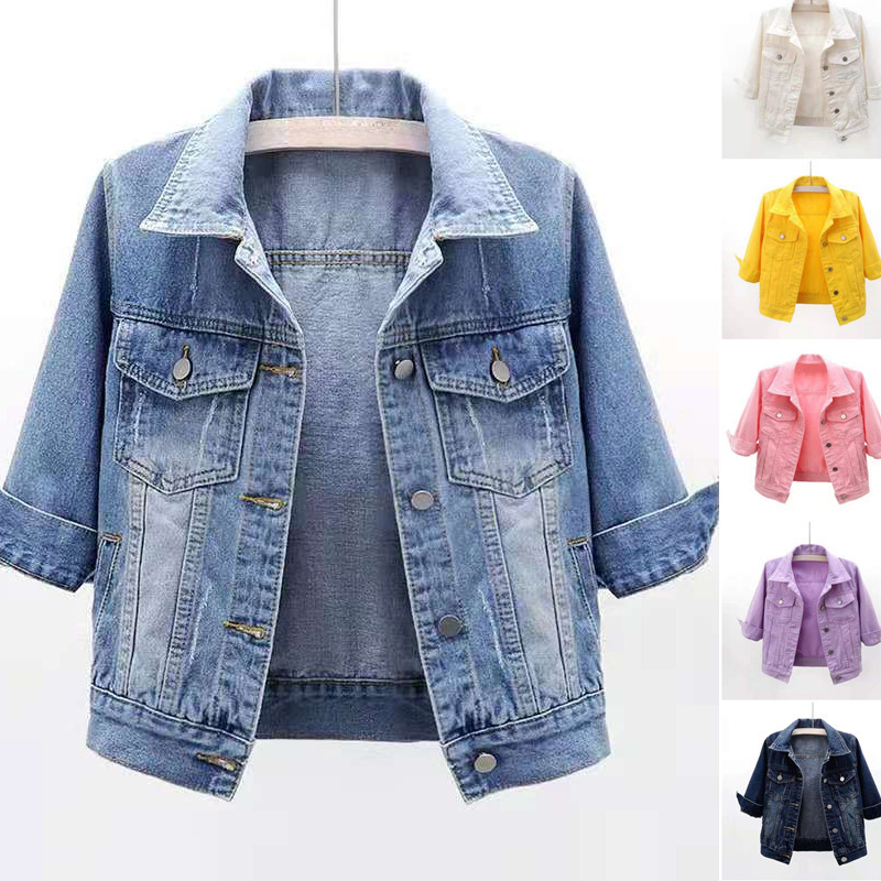 S-5XL Áo khoác nữ denim cắt ba quater tay ngắn xuân hè mùa thu thời trang giản dị thanh lịch jean dáng rộng mỏng áo khoác ngoài trang phục đường phố cỡ lỡn màu xanh dương vàng màu hồng trắng