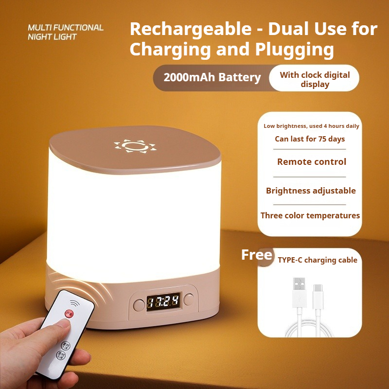 LED Touch Night Light with Clock and RemoteControl，USB Rechargeable，Eye-protection Desk Lamp