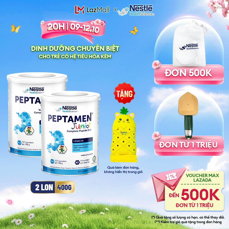 [Tặng Bộ Gối Mền Kitty] Bộ 2 Sữa Bột NESTLÉ PEPTAMEN JUNIOR Xuất Xứ Thụy Sĩ Hỗ Trợ Cho Trẻ Kém Hấp Thu Và Suy Giảm Chức Năng Tiêu Hóa 400G