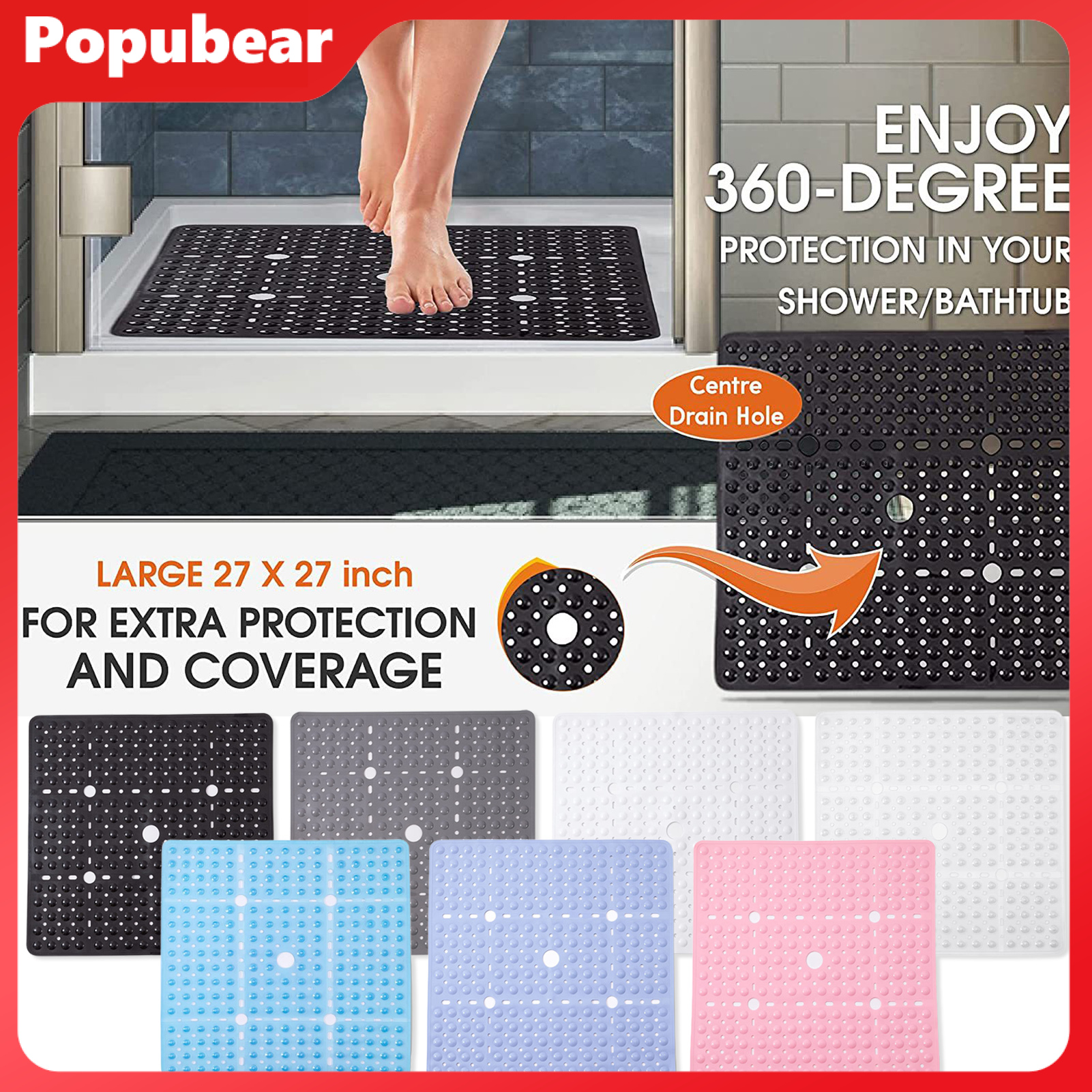 Bathroom Mat Quick Drain Fast Drying Suction Cup Design PVC 69x69cm Bathtub Floor Anti-slip Pad Shower Mat Daily Use ราคา 1,314 บาท*ส่งฟรี