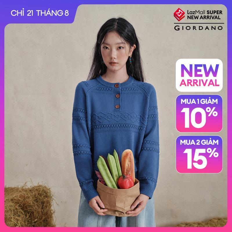 GIORDANO Women Sweaters 100% Cotton Cable Knit Sweaters Half Button Placket Raglan Sleeve Fashionable Casual Sweaters 18356222