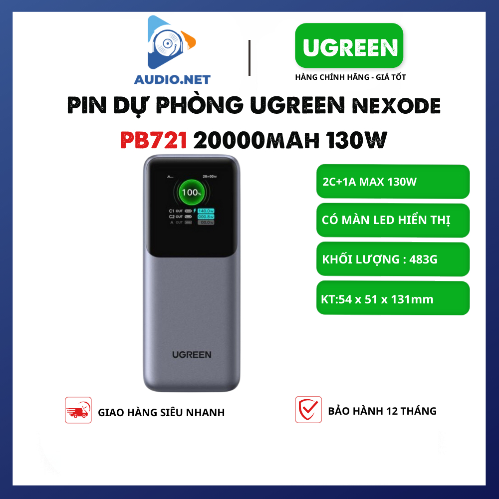 Pin Dự Phòng UGREEN 130W Nexode PB721 20000mAh Hỗ Trợ PD3.1/PSS/QC3.0 - Bảo Hành 12 Tháng