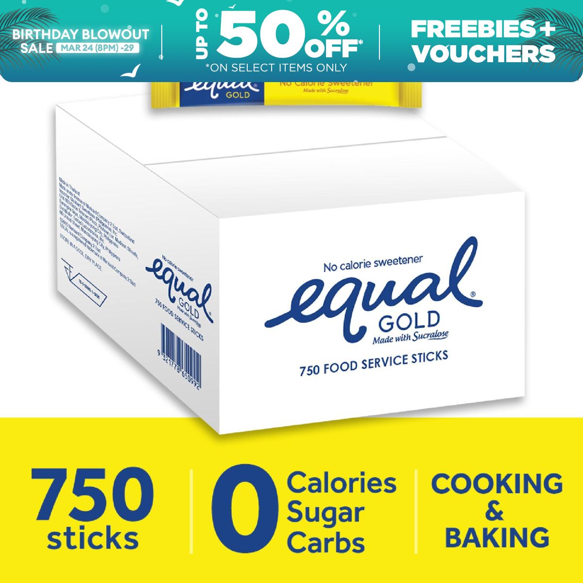EQUAL Gold Zero Calorie Sweetener, 750 Sticks, Diabetic Friendly