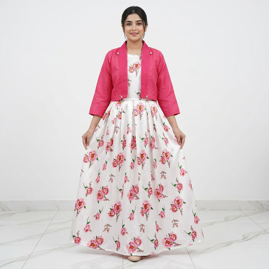 Jacket Style Maxi. Long Maxi with Jacket. Digital Printed Long Flare SleeveLess Belt Attached Maxi With Cotton Koti 2Pcs