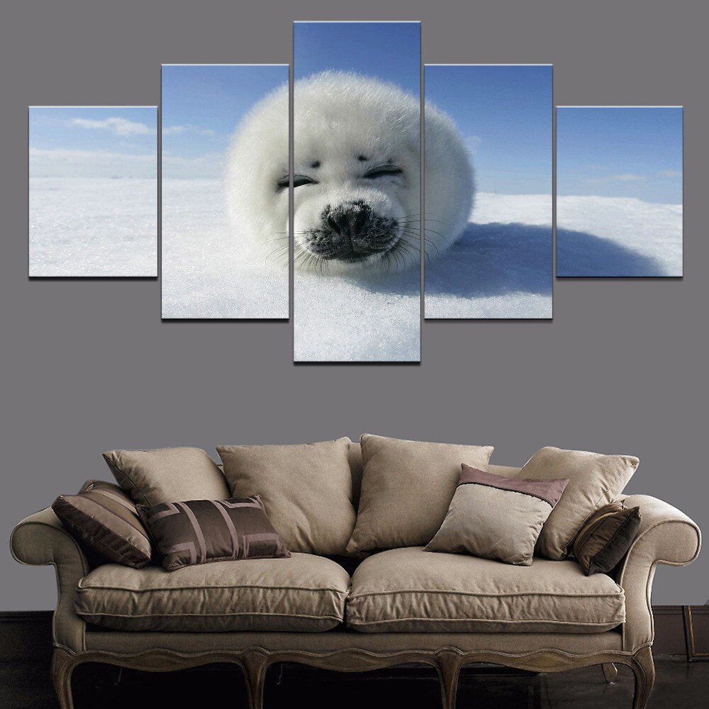 Sư tử biển động vật snowfield Áp phích trang trí nội thất mô-đun hình ảnh phòng khách hiện đại khung 5 mảnh tường nghệ thuật bức tranh vải