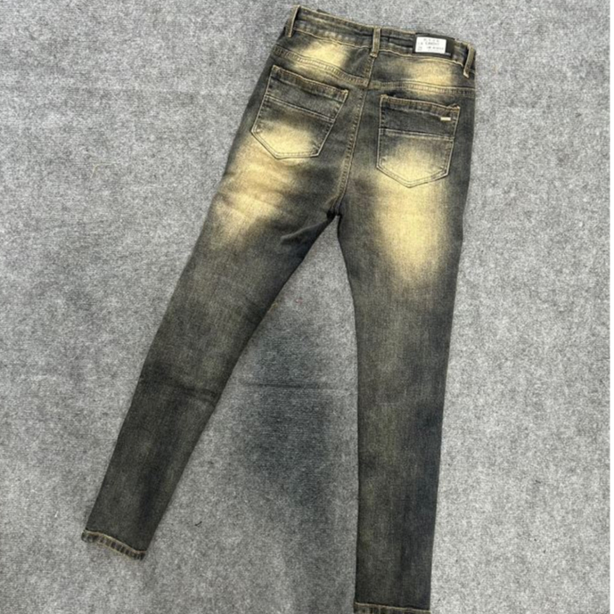 Quần JEAN Đính Đá Xanh Rêu Phối Loang Vàng, Quần bò nam đính đá bản rách xước tua vàng xanh mài Mway MQU 036