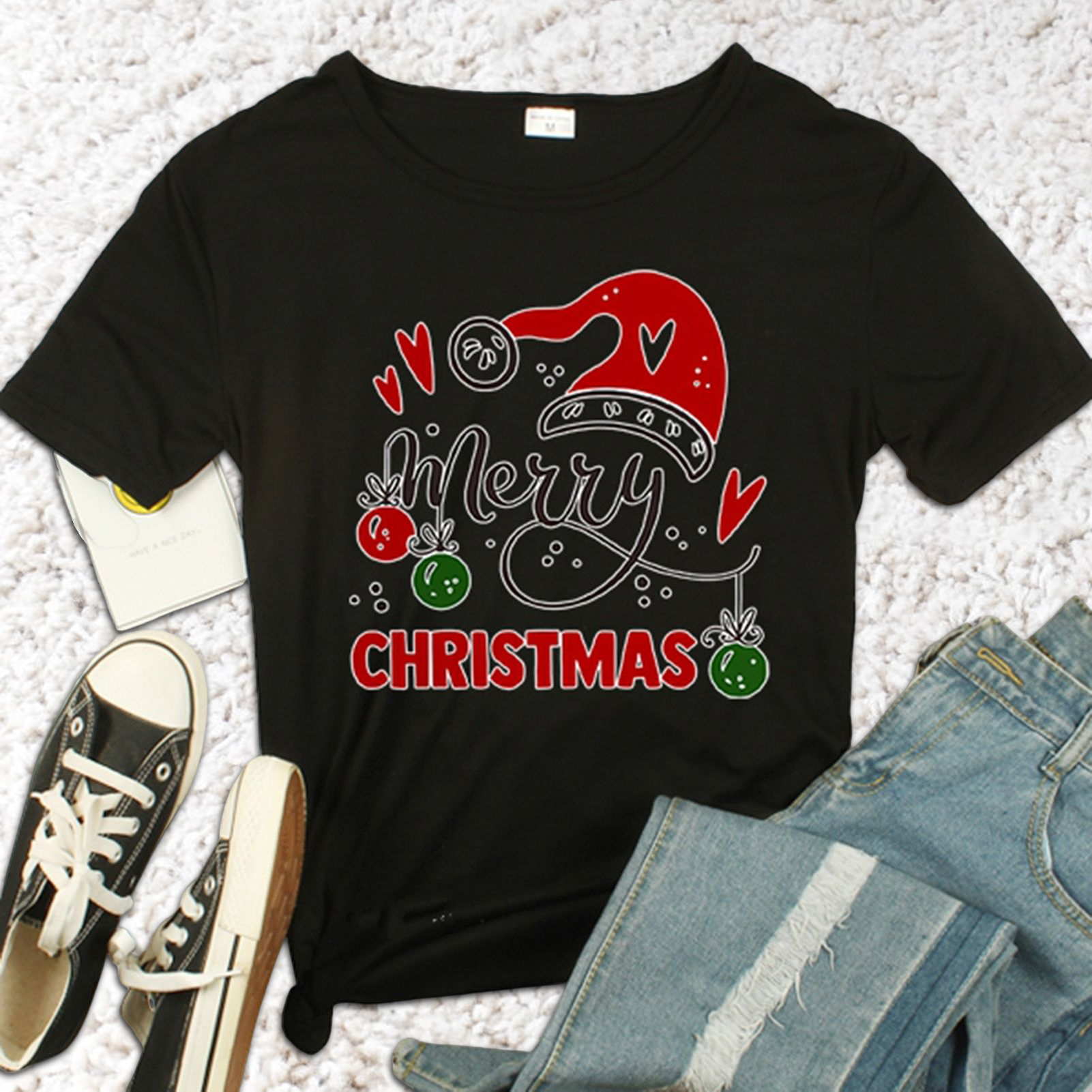 Pclub Xmas Womens quá khổ Tees tay áo lửng Áo thun cổ chui quần áo cho vợ chồng bạn bè đồng nghiệp