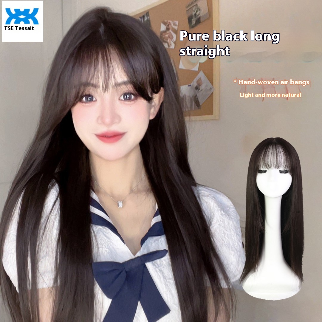 Tse Wig For Women With Long Black Hair, Straight Front Lace Wig, Air Bangs, Natural Simulation Integrated Full Head Cover 65cm DX-AL-103 ราคา 1,288 บาท*ส่งฟรี