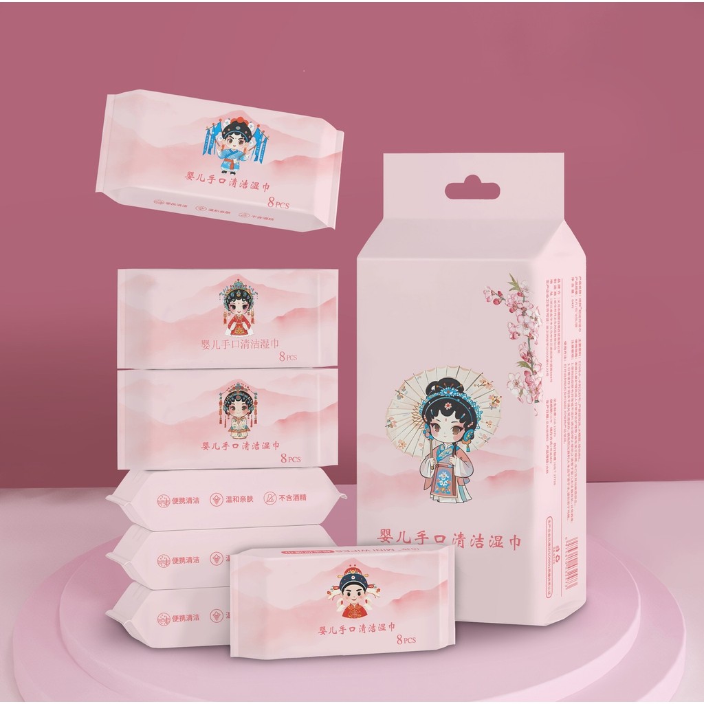 8 Packs Mini Portable Wet Wipes Wet Tissue Alcohol Free Mom & Baby Sensitive Skin Daily Cleaning