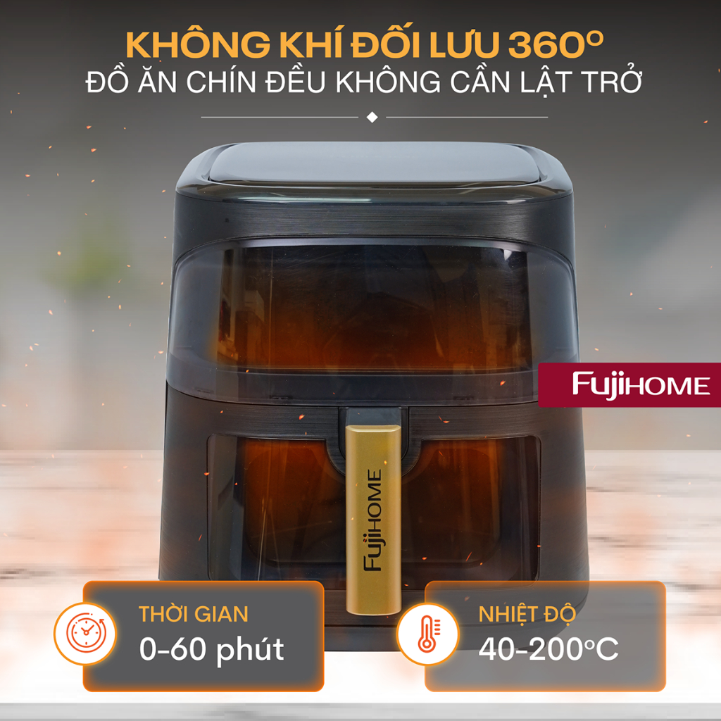 Nồi Chiên Không Dầu 8L Nhập Khẩu FUJIHOME A8DG1NEW Nồi Chiên Không Khí chống dính an toàn tặng kẹp g