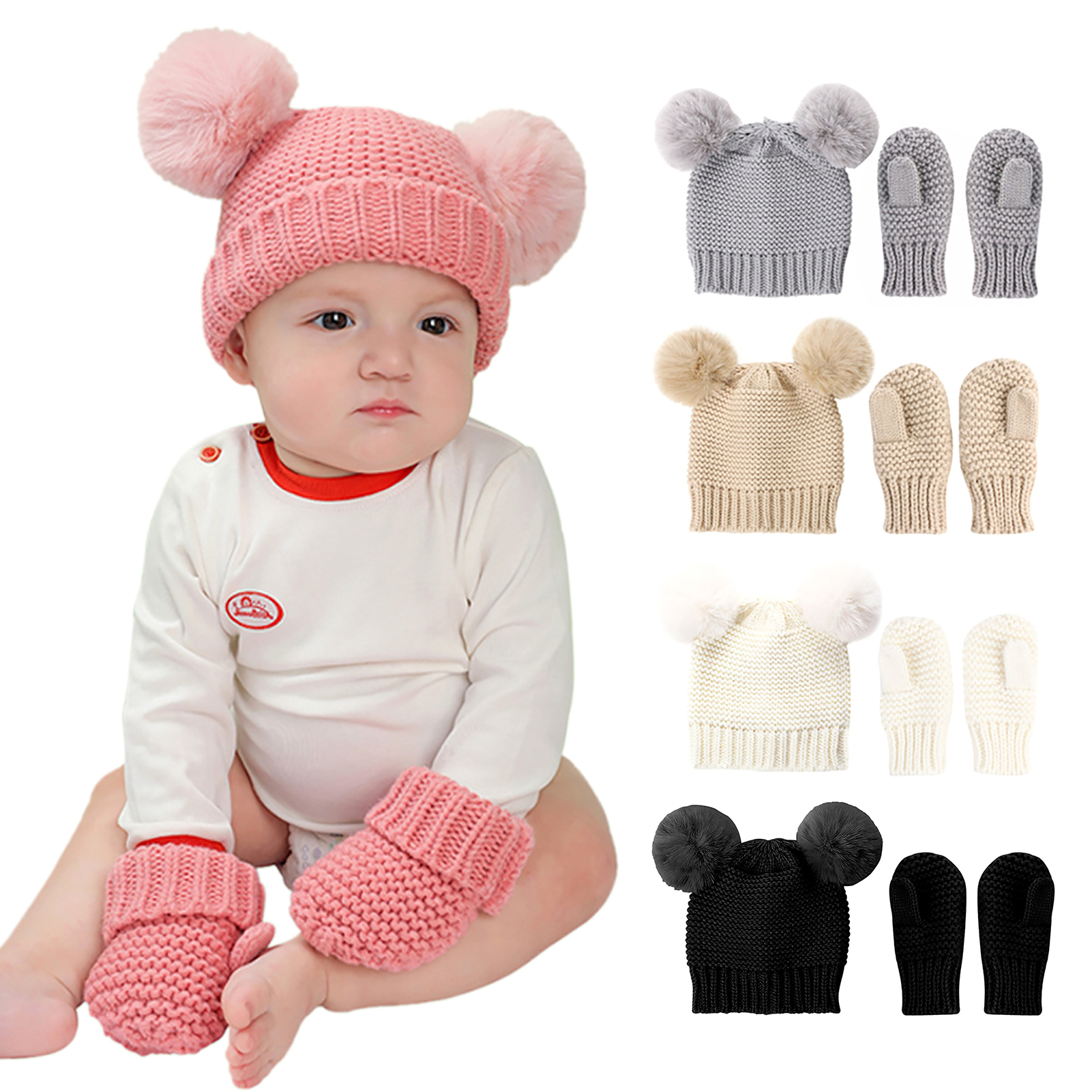 1 Set 0-3 Years Baby Hats Gloves Pompom Solid Color Warm Cap Autumn Winter