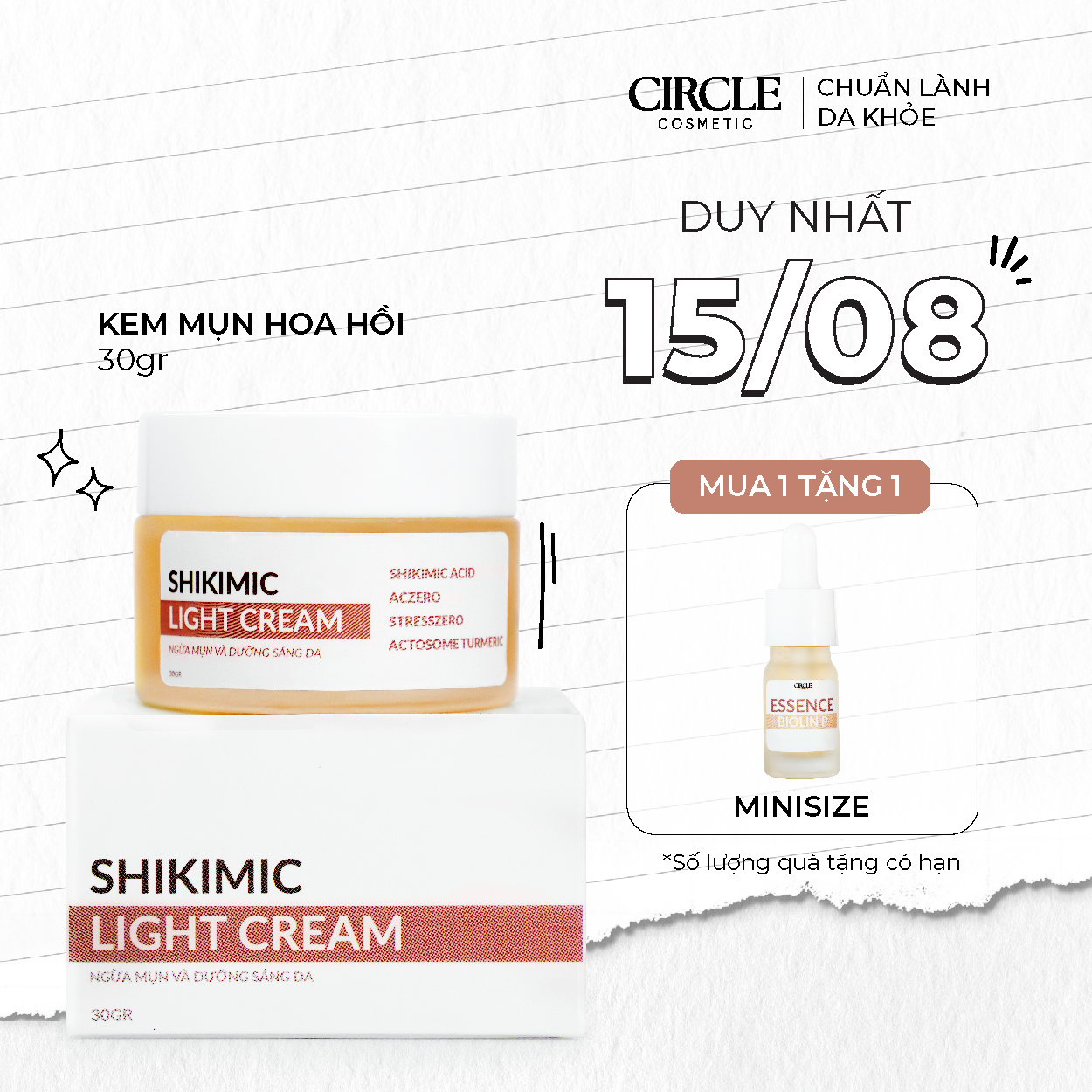 Kem mụn ngừa mụn, mờ vết thâm mụn, dưỡng sáng da, giúp chống nắng, làn da sạch mịn shikimic light cream circle 30gr