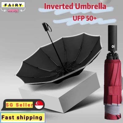 (SG Seller) Inverted Umbrella Automatic 3-stage 10 Ribs Folding Umbrella Reverse Umbrella Anti-UV UFP 50+ Windproof Umbrella with Reflective Stripe