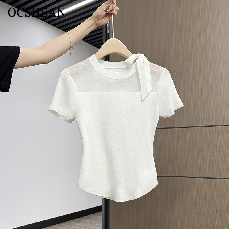 OCSHEAN เสื้อถักแขนสั้นคอกลมผ้าตาข่ายอารมณ์สำหรับผู้หญิงเสื้อยืดผูกเชือกคุณภาพสูงแบบใหม่สำหรับฤดูร้อน ราคา 148 บาท*ส่งฟรี