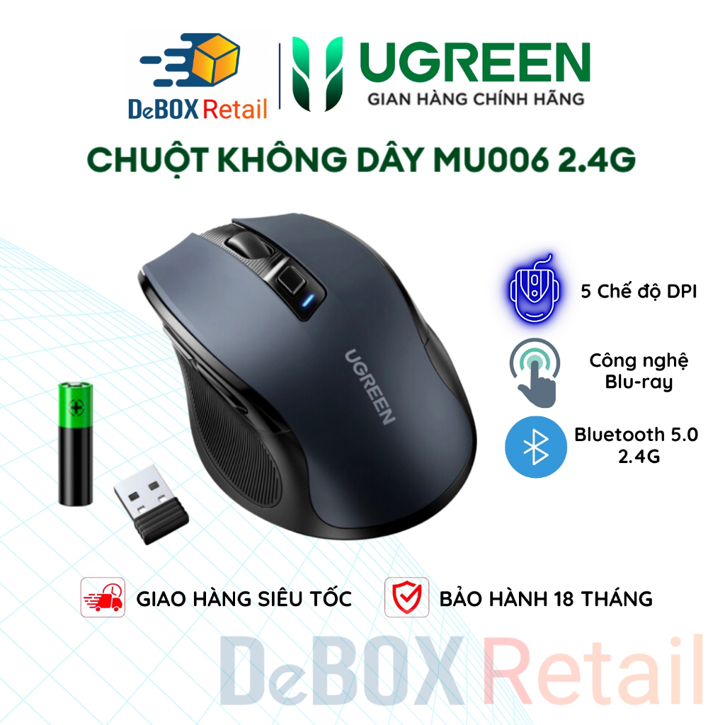 Chuột không dây ugreen mu006 2.4g chế độ kép chuột ergonomic 4000 dpi | 5 chế độ dpi - hàng chính hãng