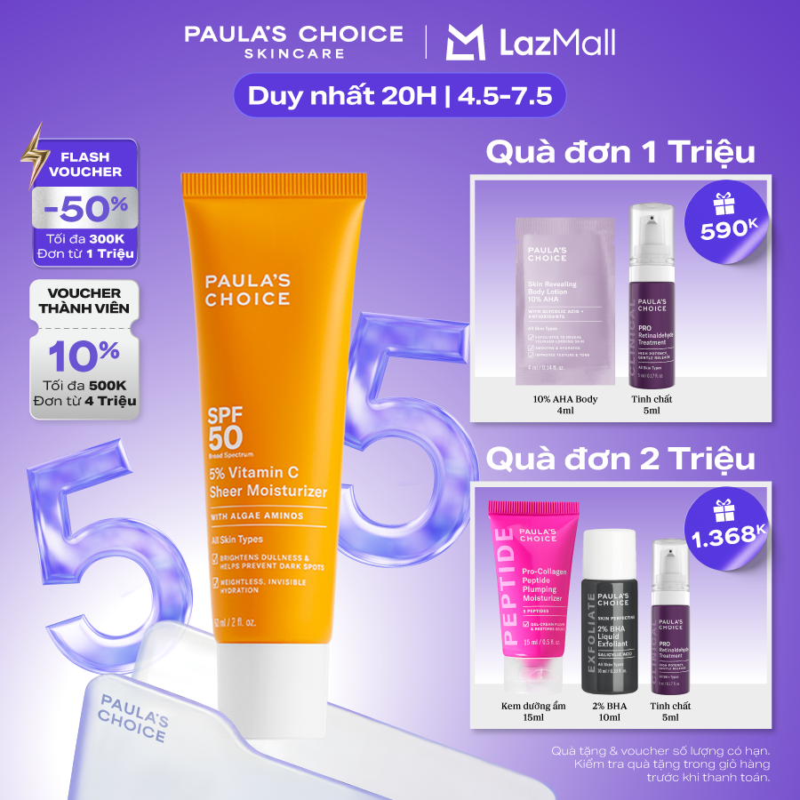 Kem chống nắng dưỡng ẩm giúp làm sáng và đều màu da SPF 50 Paula's Choice 5% Vitamin C 60ml - 1360