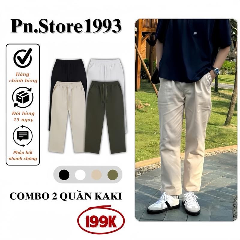 Combo 2 Quần Kaki Ống Rộng PN.STORE 1993 Vải Mềm Thoáng Mát Local Brand Kem Ong Voi Nam Nữ - Size M-3XL