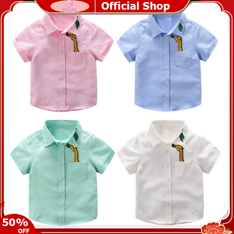 TEQIN【Fast Delivery】Kids Summer Short Sleeves T-shirt Lapel Giraffe Embroidered Top Breathable Shirt For 2-8 Years Old Boys ราคา 137 บาท*ส่งฟรี